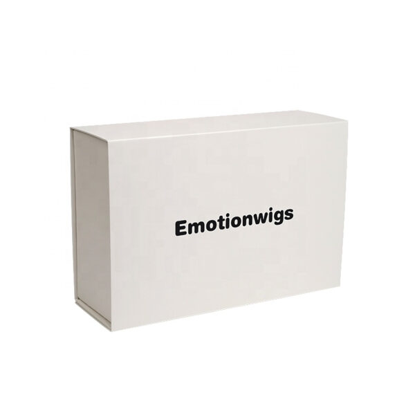 Closed ivory magnetic wig packaging box with black printed logo on the lid