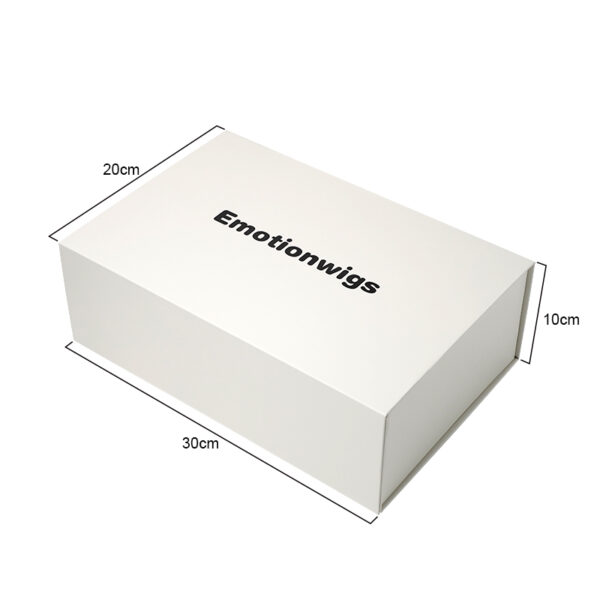 Closed wig packaging box showing visible dimensions of 30 × 20 × 10 cm