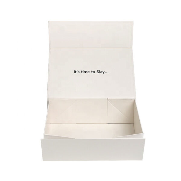 Front open view of ivory wig gift box showing the rigid paperboard interior and hinged lid