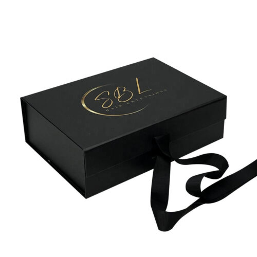 Black Collapsible Hair Extension Gift Box with Gold Satin Lining