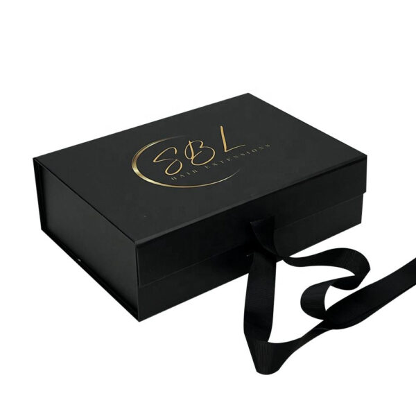 Black Collapsible Hair Extension Gift Box with Gold Satin Lining
