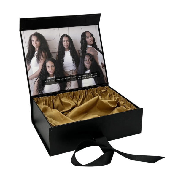 Black Collapsible Hair Extension Gift Box with Gold Satin Lining