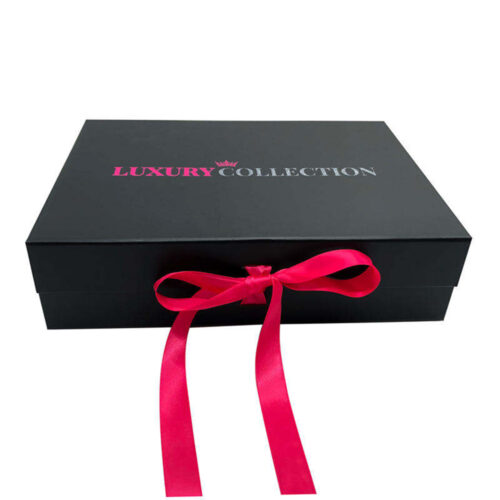 Black Collapsible Hair Extension Gift Box with Hot Pink Satin