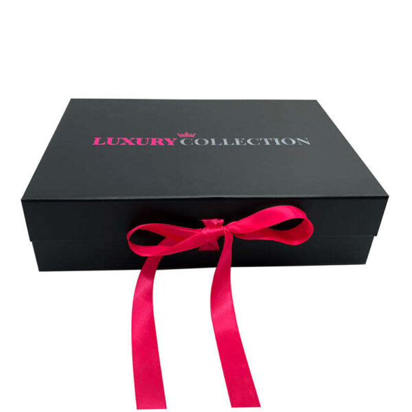 Black Collapsible Hair Extension Gift Box with Hot Pink Satin