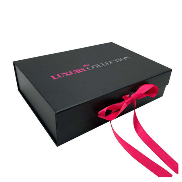 Black Collapsible Hair Extension Gift Box with Hot Pink Satin