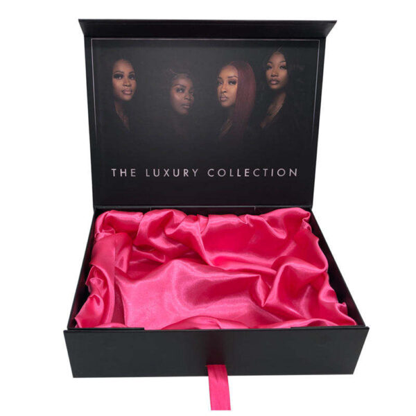Black Collapsible Hair Extension Gift Box with Hot Pink Satin