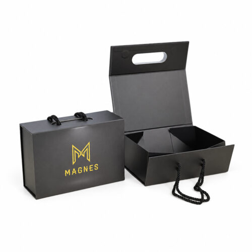 Black Rope Handle Apparel Collapsible Gift Box with Gold Logo
