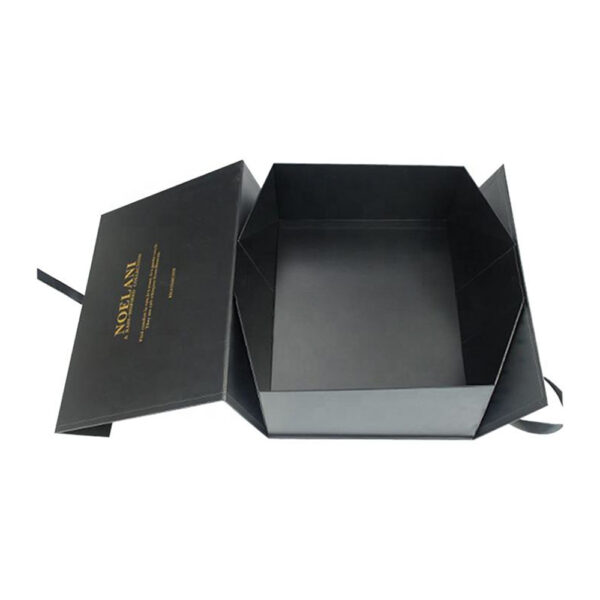 Black Satin Ribbon Apparel Collapsible Gift Box with Gold Logo Black Satin Ribbon Apparel Collapsible Gift Box with Gold Logo