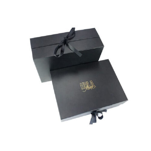 Black Satin Ribbon Apparel Collapsible Gift Box with Gold Logo