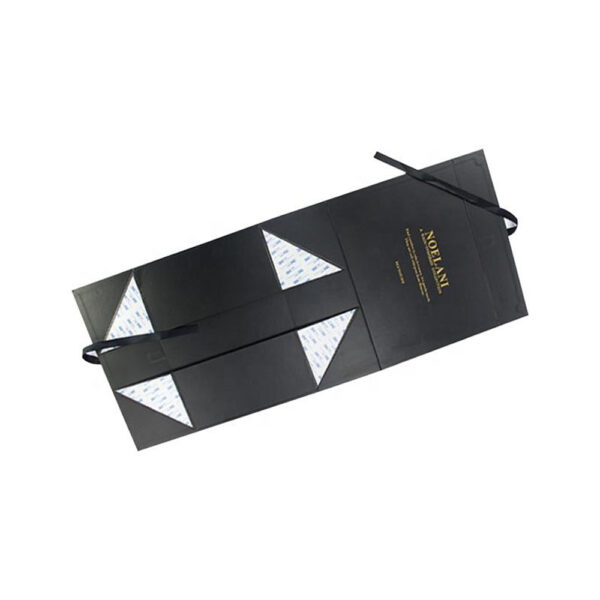 Black Satin Ribbon Apparel Collapsible Gift Box with Gold Logo Black Satin Ribbon Apparel Collapsible Gift Box with Gold Logo
