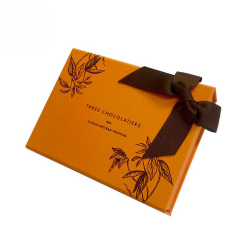 Burnt Orange Botanical Chocolate Collapsible Gift Box with Brown Ribbon
