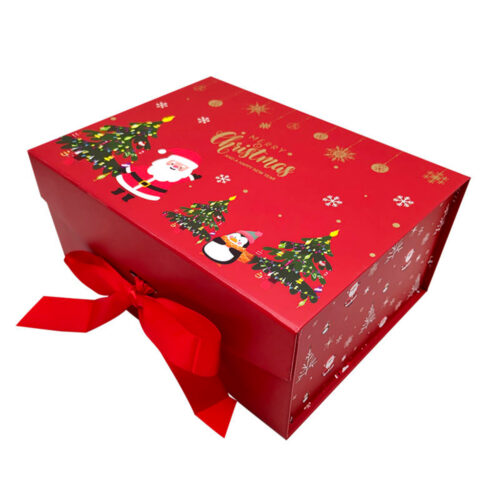 Festive Santa Christmas Tree Red Ribbon Collapsible Gift Box