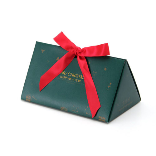 Forest Green Christmas Triangular Chocolate Collapsible Gift Box with Red Ribbon