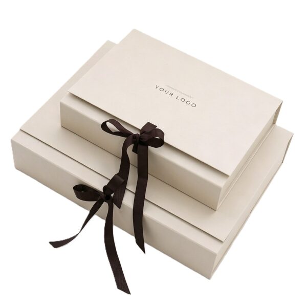 Ivory Foldable Cosmetic Presentation Box with Brown Ribbon