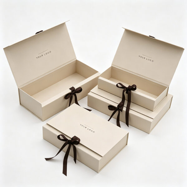 Ivory Foldable Cosmetic Presentation Box with Brown Ribbon