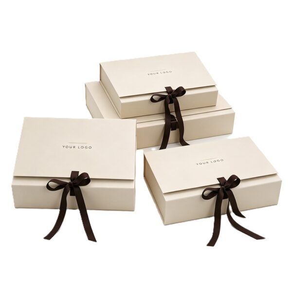 Ivory Foldable Cosmetic Presentation Box with Brown Ribbon