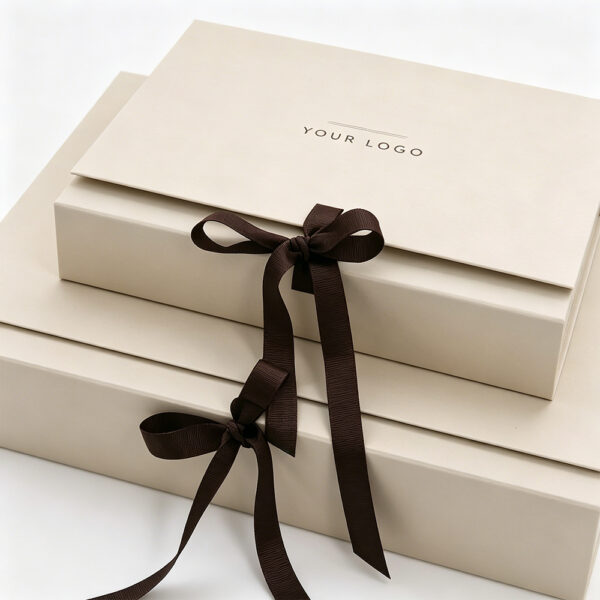 Ivory Foldable Cosmetic Presentation Box with Brown Ribbon