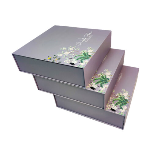 Lavender Gray Floral Chocolate Collapsible Gift Box with Gold Dividers