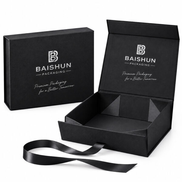 Metallic Logo Ribbon-Pull Holiday Collapsible Gift Box