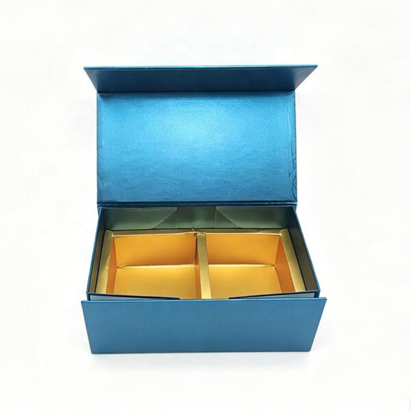 Metallic Teal Blue Collapsible Gourmet Food Gift Box with Gold Dividers