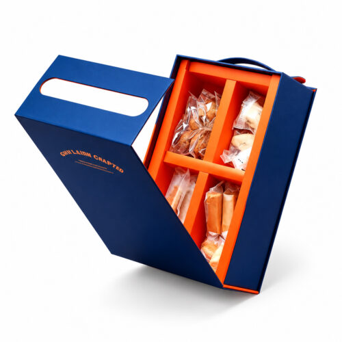 Navy Blue & Orange Collapsible Gourmet Food Gift Box with Handle Navy Blue & Orange Collapsible Gourmet Food Gift Box with Handle