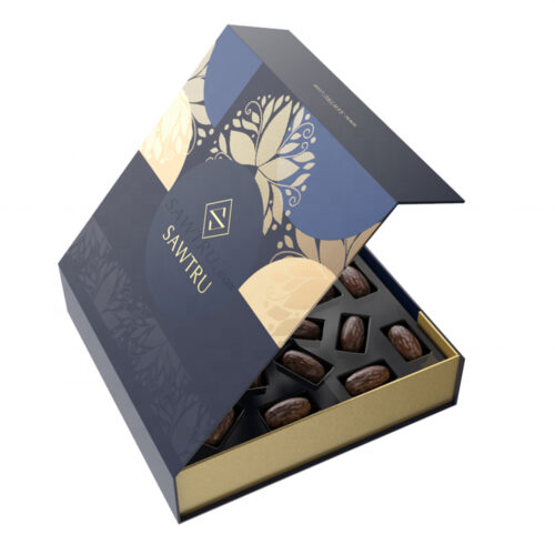 Navy Blue Ornamental Chocolate Collapsible Gift Box with Gold Interior