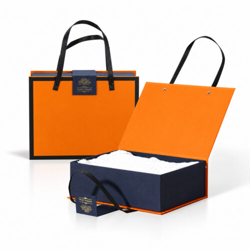 Orange Navy Ribbon Handle Apparel Collapsible Gift Box