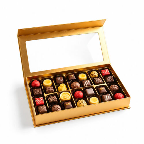 Windowed Collapsible Gourmet Food Gift Box with Gold Dividers Windowed Collapsible Gourmet Food Gift Box with Gold Dividers